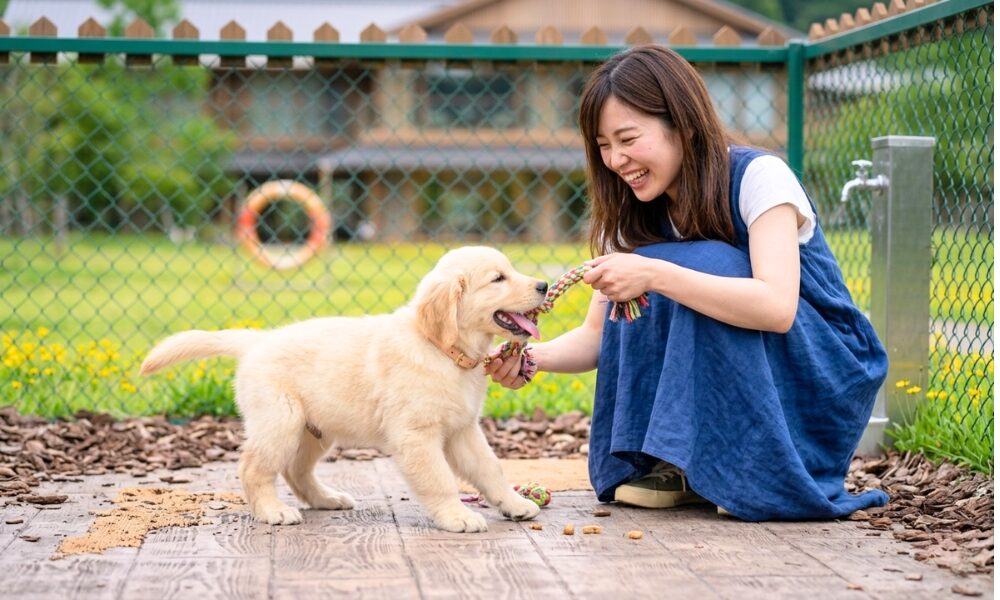 子犬と遊んでいる若い女性どちらも笑顔