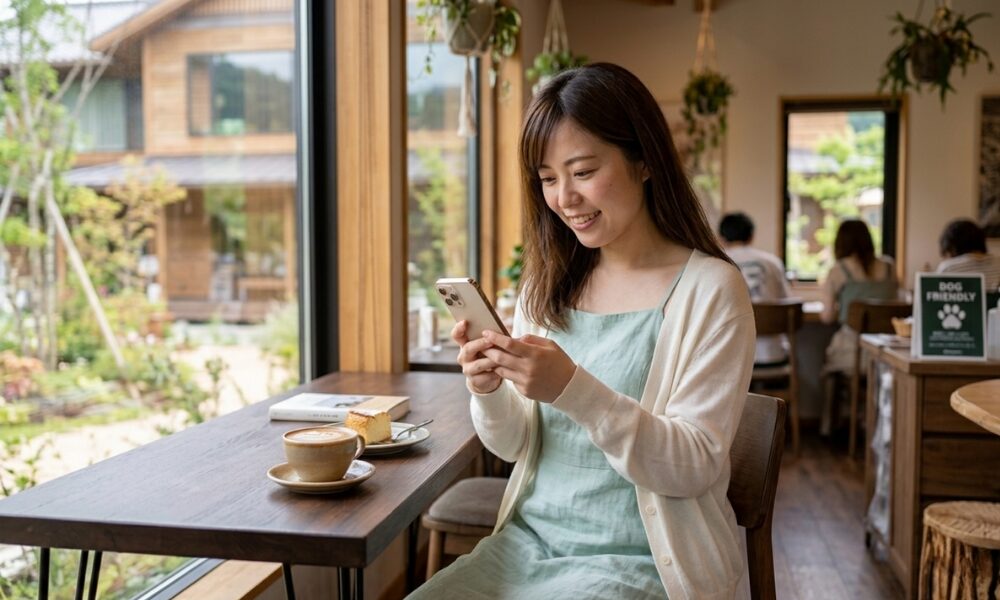 若い女性が喫茶店の窓側で楽しそうにスマートフォンを見ている